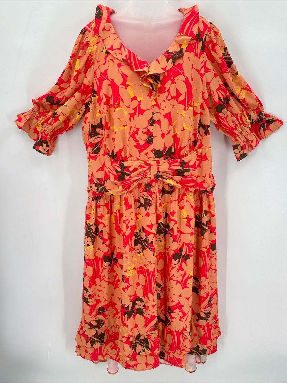 ESHAKTI Dress Women’s 3X Plus Custom Orange Floral Ruffle Crepe Pleat Waist READ